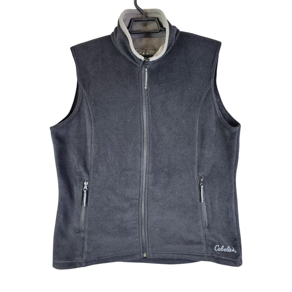 Mens Cabelas Black Fleece Full Zip Vest Jacket Mock Neck Polyester Size L